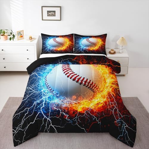 Erosebridal Baseball Comforter for Kids Teens, Sport Theme Bedding Full Size for Boys Softball Quilt Set Ice Fire Print Duvet Set, Ball Gaming Gamer Comforter Set Red Blue Black Bedroom Decor 3Pcs