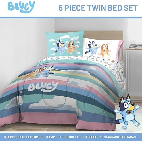 Bluey Bingo Twin Comforter Set 5 Piece Soft Kids Cartoon Bedding, Multi