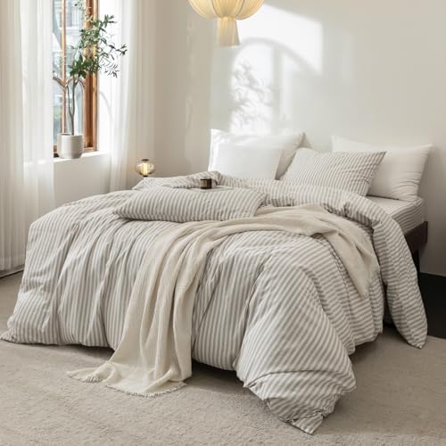 FOSSA Striped Duvet Cover Set 100% Washed Cotton Linen Feel Super King