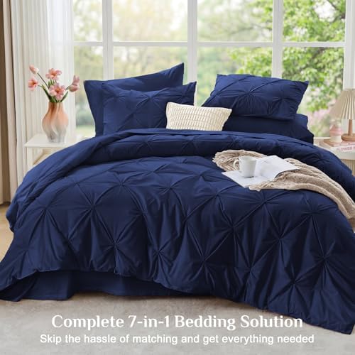 JOLLYVOGUE Queen Comforter Set 7 Pieces - Bed in a Bag Queen for All Season, Pintuck Bedding Comforter Sets with Comforter, Flat Sheet, Fitted Sheet and Pillowcases & Shams, Navy