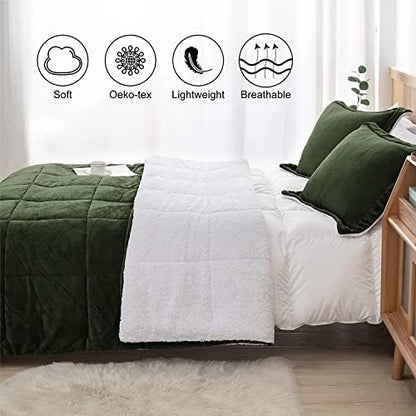 Sherpa Comforter Set Twin XL Size, Olive Green Bedding Set with Sham