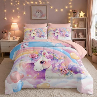 Nttopship Kawaii Rainbow Unicorn Comforter Set Queen for Girls Kids,Cute Cartoon Unicorn 7 Pieces Bedding Sets for Girls Room Decor,Kawaii Down Alternative Comforter Set for All Season