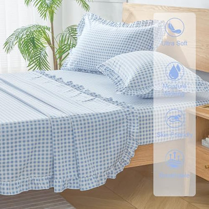 Gingham Queen Sheet Set, Lightweight Super Soft Brushed Microfiber Plaid Bed Sheets with 16" Deep Pocket, 4 Piece Ruffle Farmhouse Bedroom Decor, Light Blue
