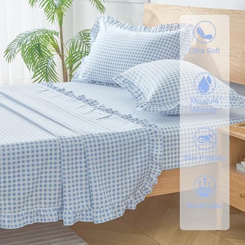Gingham Twin Sheet Set, Lightweight Super Soft Brushed Microfiber Plaid Bed Sheets with 16" Deep Pocket, 3 Piece Ruffle Farmhouse Bedroom Decor, Light Blue