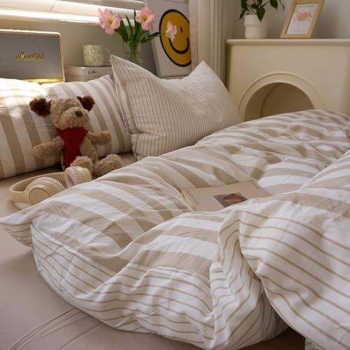 VM VOUGEMARKET Khaki Striped Duvet Cover Set Queen Teens Boys Girls Dorm Bedding Set Soft Lightweight Reversible Microfiber Farmhouse Duvet/Quilt Cover-90 x90,Khaki White