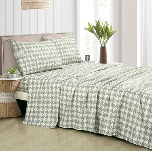 Chezmoi Collection 3-Piece Lodge Plaid Sheet Set Twin - Gray Houndstooth Printed Brushed Microfiber Lightweight Breathable Deep Pocket Bed Sheets