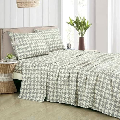 Chezmoi Collection 4-Piece Lodge Plaid Sheet Set Full - Gray Houndstooth Printed Brushed Microfiber Lightweight Breathable Deep Pocket Bed Sheets
