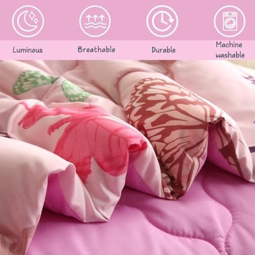 Pink Girls Butterfly Bedding Comforter Set Twin Size 7 Piece Glow in The Dark Butterfly Comforter with Sheets & Pillowcases Soft Microfiber Bed in A Bag for Kids Teens All Season