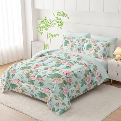 7Pcs Comforter Set Butterfly Flowers Green Leaves Printed Bedding Set with 1 Comforter,1 Flat Sheet,1 Fitted Sheet and 4 Pillowcases for Boys and Girls Bedroom All Season(Twin)