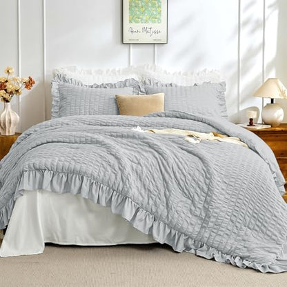 JOLLYVOGUE Light Grey Oversized Queen Comforter Set,3pcs Seersucker Bed Set