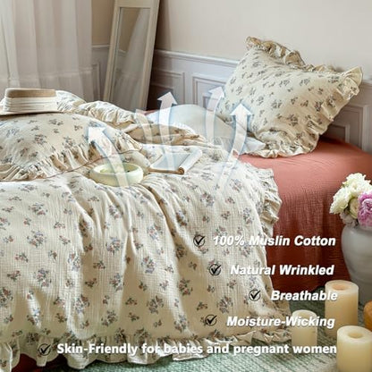 VM VOUGEMARKET 100% Muslin Cotton Duvet Cover Set Twin for Teen Girls,Vintage Flower Comforter/Quilt Cover with Romantic Ruffles,Soft, Breathable & Lightweight