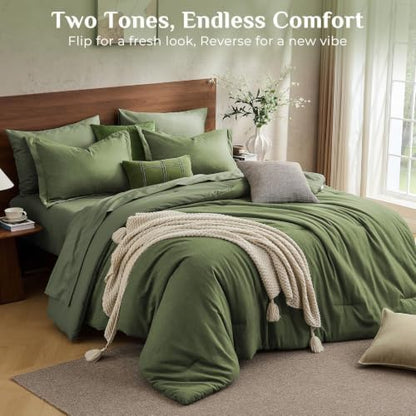 JOLLYVOGUE King Comforter Set 7 Pieces Dark Green, Cationic Dyeing Bed in a Bag King, Double-Tone Bedding Set with Down Alternative Comforter, Sheets, Pillowcases & Shams