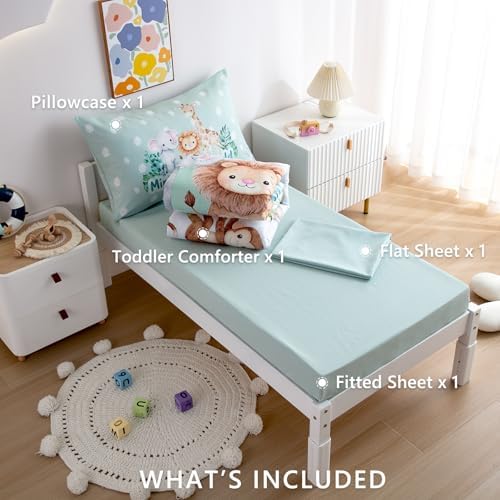 4-Piece Toddler Bedding Set for Boys - Soft & Skin Friendly Toddler Bed Set Includes Toddler Comforter, Flat Sheet, Fitted Sheet and Pillowcase (Sage Green)