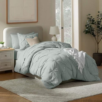 Nestl 7 Piece Twin XL Comforter Set – Sage Green Pinch Pleated Bed in a Bag – Complete Twin XL Size Bedding Set with Sheets, Set of 2 Cooling Pillows, Pillowcase and Sham