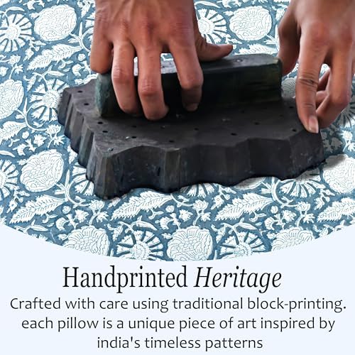 CPC Block Print Blue Meadow Ruffle Cotton Lumbar Pillow Cover 12x20 inch