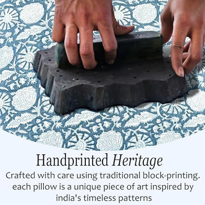 CPC Block Print Blue Meadow Ruffle Cotton Lumbar Pillow Cover 12x20 inch