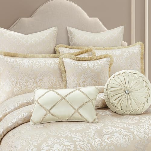 Loom and Mill 9-Piece Elegant Damask Comforter Set, Beige White, King