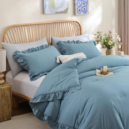 JANZAA Mineral Blue Comforter Set Oversized King, Ruffle Soft Bedding