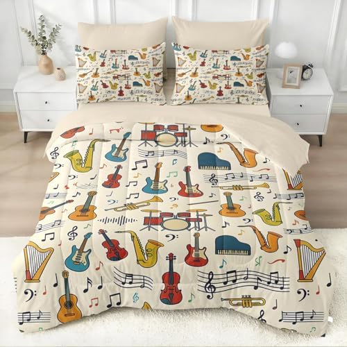 WeCozy Full Comforter Set with Sheets, 7 Pieces Music Retro Bedding