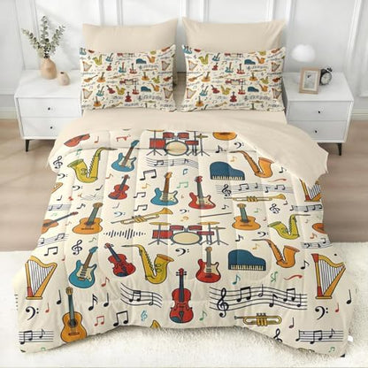 WeCozy Full Comforter Set with Sheets, 7 Pieces Music Retro Bedding
