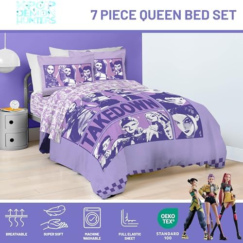 KPOP Demon Hunters Queen Comforter Set 7 Piece Kids Cartoon Bedding, Purple