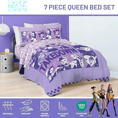 KPOP Demon Hunters Queen Comforter Set 7 Piece Kids Cartoon Bedding, Purple