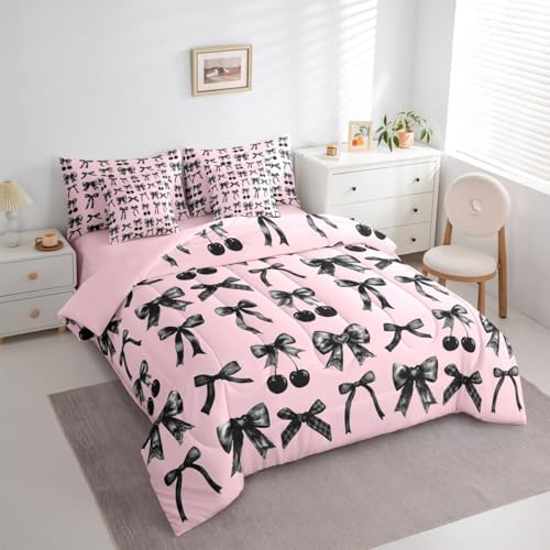 Black Cherry Bow 7-Piece Comforter Set Full Bed in a Bag, Cute Silk Ribbon Bowknot Bedding Sets Princess Bow Tie Comforter and Sheet Set, Dreamy Kawaii Room Decor,Girly Light Pink Room Decor Aesthetic