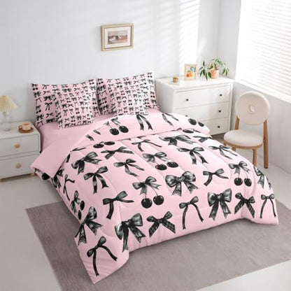 Black Cherry Bow 7-Piece Comforter Set Full Bed in a Bag, Cute Silk Ribbon Bowknot Bedding Sets Princess Bow Tie Comforter and Sheet Set, Dreamy Kawaii Room Decor,Girly Light Pink Room Decor Aesthetic