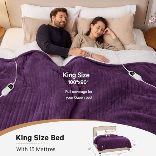 Heated Electric Blanket King Size, Dual Control 90" x 100", Lavender