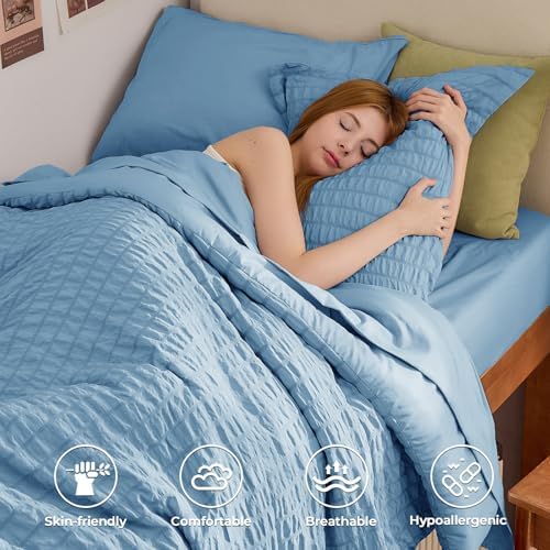 HYMOKEGE Mineral Blue Twin XL Comforter Set Seersucker 5 Pieces, All Season Luxury Bed in a Bag for Bedroom, Bedding Set with Comforter, Sheets, Pillowcase & Sham