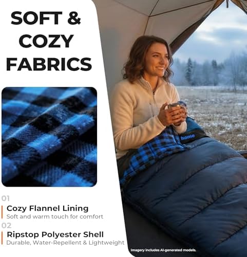 Cotton Flannel XXL Winter Sleeping Bags for Adults Big and Tall,Cold Weather 90x39 Inch Camping Sleep Bag,Waterproof Machine Washable 4 Season Outdoor Camping Gear,2-Way Zipper