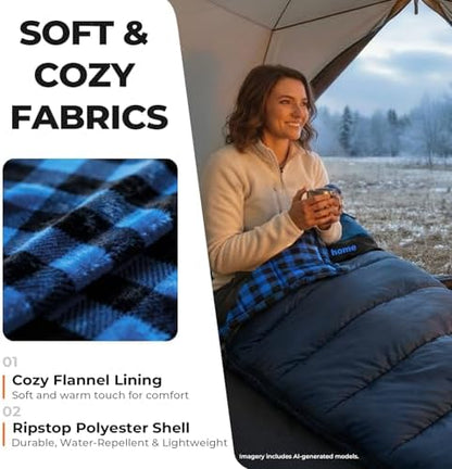 Cotton Flannel XXL Winter Sleeping Bags for Adults Big and Tall,Cold Weather 90x39 Inch Camping Sleep Bag,Waterproof Machine Washable 4 Season Outdoor Camping Gear,2-Way Zipper