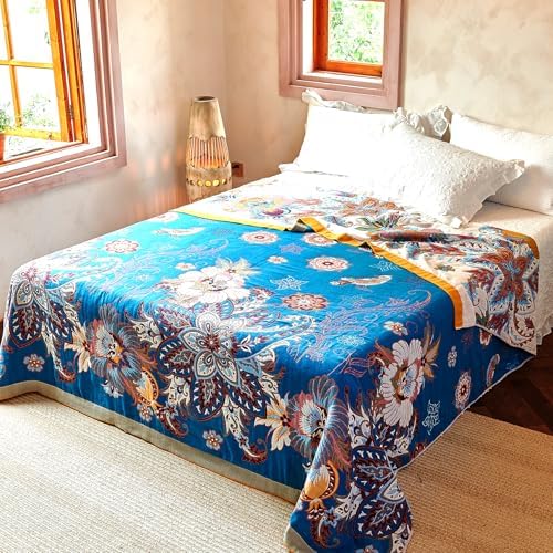 VANJOROY Boho Throw Blanket, 100% Organic Cotton Breathable Skin-Friendly Ultra Soft Bed Quilt Throw - All Season Floral Bird Farmhouse Décor Luxury Blanket for Sofa Couch Chair and Gift. 91" x 98"