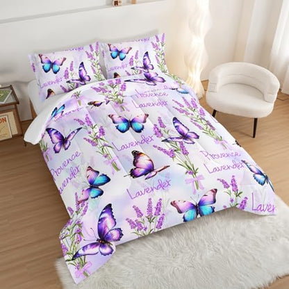 Pretty Butterfly Comforter Set King Size,Prowence Lavender Printed Comforter Bedding Sets for Kids Girls Toddler Room Decor Aesthetics,Fantasy Floral Bedding Sets with 2 Pillowcases.