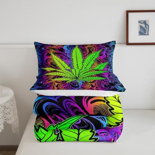 Erosebridal Boho Leaves Down Comforter, Teens Bohemia Leaf Comforter Set Full Size, Botanical Bedding Set for Kids Girls Women, Bohemian Quilted Duvet for Bedroom, Purple Green