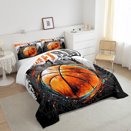Boys Basketball Graffiti King Size Comforter Set,Kids Sports Gaming Decor All Season Bedding Set,Teens Watecolor Hippie Comforter,Girls Black and Yellow Decor Quilt Set Bedroom Collection 3Pcs