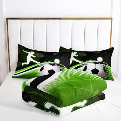 AILONEN 3D Soccer Ball Comforter Set Twin Size, Sport Football Player Bedding Set for Kids Boys,Green Geometry Theme Duvet Set,3-Piece,1 Quilt + 2 Pillowcases,Soft Microfibre