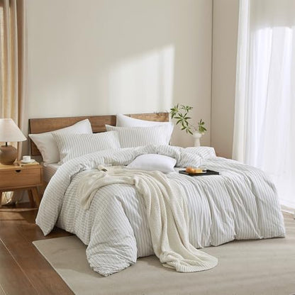 Striped Duvet Cover Set 100% Washed Cotton Linen Like Textured 3 Piece Bedding Set Comfy Breathable (King, Wide Stripe-White/Black)