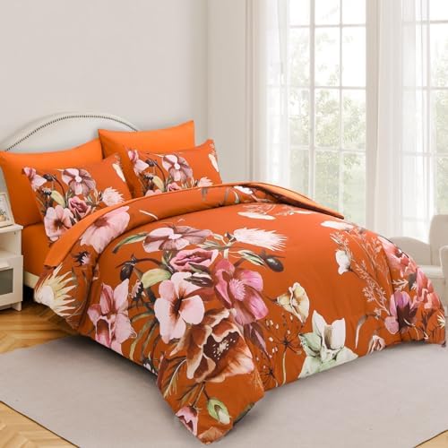 Luxudecor Terracotta Floral Comforter Set Queen Size 7 Piece, Flower Bed in a Bag, Elegant Floral Comforter with Sheet Set, Soft Microfiber Bedding Set for All Season (Terracotta, 90"x90")