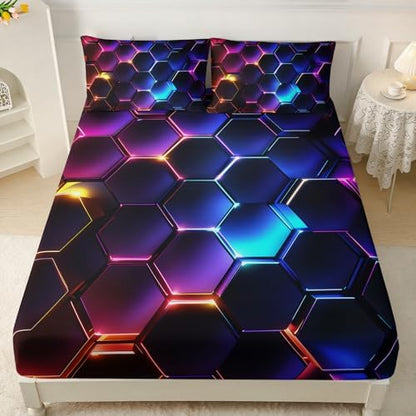 HOSIMA Geometric Hexagon Queen Bedding Sets,1 Fitted Sheet+2 Pillowcases.