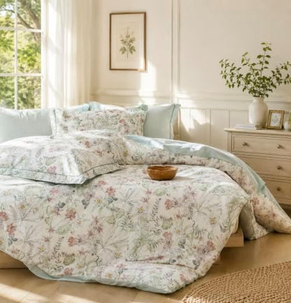 Comforter Queen Size - 100% Cotton Floral Reversible Comforter Set, Soft and Breathable Bedding Set for All Season, 3 Pieces, 90"x90"