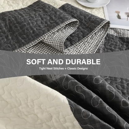 SahSahCasa 120"x120" Oversized King Quilt Set, 100% Cotton, California King Bedspread Coverlet, Cal King Quilted Bedspread Extra Large Quilt, XL Bed Spread Lightweight Comforter, 3pc, Charcoal/Cream