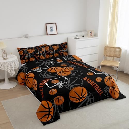 Castle Fairy Basketball Bedding Set Ball Frame Comforter Set for Kids Boys Sports Games Comforter Black Orange Quilt Set 1 Comforter Set with 1 Pillowcase Toddler Size