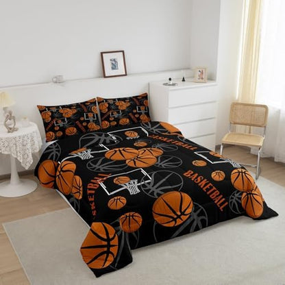 Castle Fairy Basketball Bedding Set Ball Frame Comforter Set for Kids Boys Sports Games Comforter Black Orange Quilt Set 1 Comforter Set with 1 Pillowcase Toddler Size