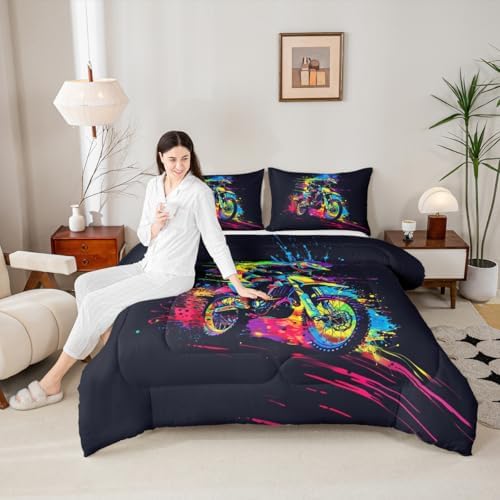 Feelyou Motocross Comforter Set King Dirt Bike Bedding Set for Kids Boys Girls Colorful Splatter Art Duvet Quilt Motorcycle Bedroom Decor Extreme Sports Microfiber 3 Pcs with 2 Pillow Cases