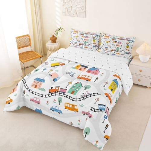Erosebridal Cartoon City Car Kids Comforter Sets Bicycle Truck Train Full Bedding Set for Boys Girls House & Tree Cityscape Comforter Set Transportation Road & Railway Quilt Duvet 3 Pcs