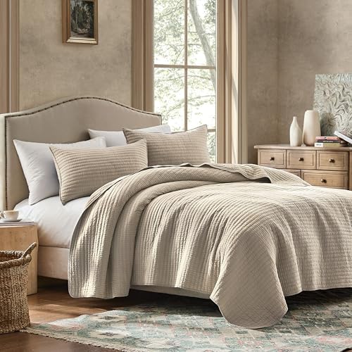WDCOZY 100% Cotton Queen Size Quilt Set, Channel Pick Stitch, Beige Flax