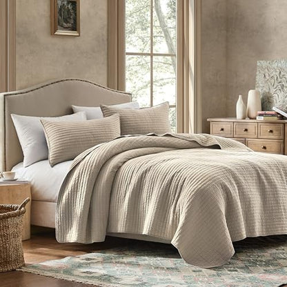 WDCOZY 100% Cotton Queen Size Quilt Set, Channel Pick Stitch, Beige Flax