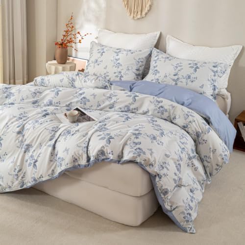 OAITE Twin Duvet Cover Set 3pcs 100% Cotton Vintage Blue Rose Floral