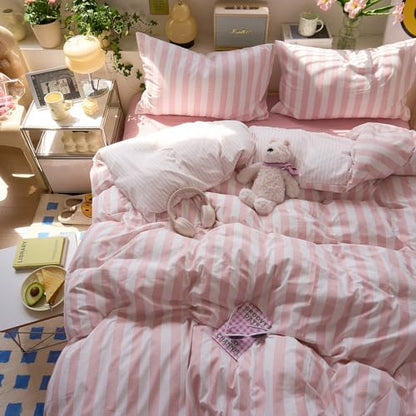 LifeTB Peach Pink Striped Comforter Set Twin XL, 3 Piece Vintage Stripes Pattern Printed Bedding Set, Breathable Soft Farmhouse Striped Bedding Comforter Twin XL, Cozy Lightweight Pink Comforter Set